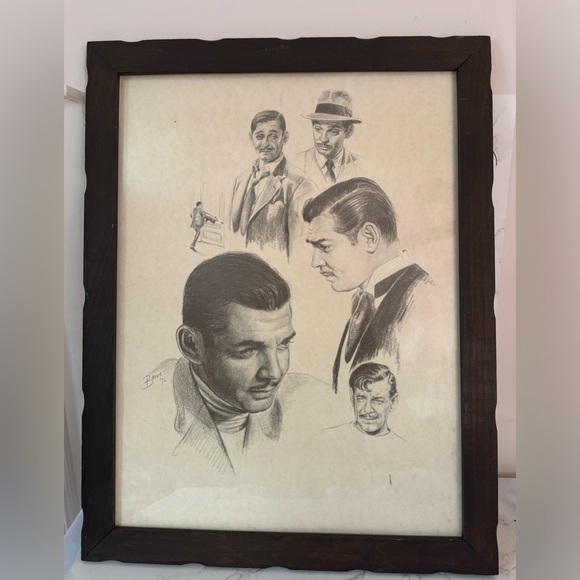 Banse Other - Clark Gable - Framed Charcoal Drawing by Banse - 1976